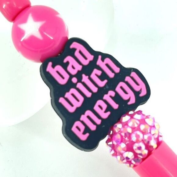 Bad Witch Energy Halloween pen handmade NEW bling rhinestone hot pink black - Picture 3 of 7